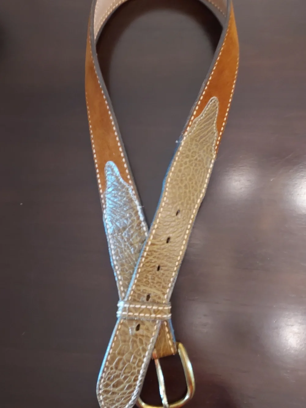 Unisex Two-Tone Brown Western Leather Belt with Textured Panels. SZ. 32